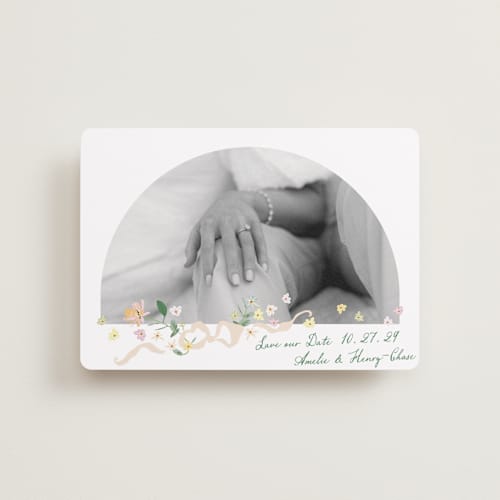 This is a spring petite save the dates with standard by Phrosné Barwood called spring draped garland printing on recycled smooth signature in petite