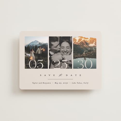 This is a ecru petite save the dates with standard by Erica Krystek called simple trio printing on recycled smooth signature in petite
