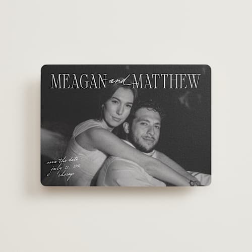 This is a pearl petite save the dates with standard by Mellary Bitner called cover shot printing on recycled smooth signature in petite