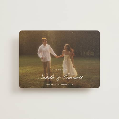 This is a ivory petite save the dates with standard by Emily Betts called story printing on recycled smooth signature in petite
