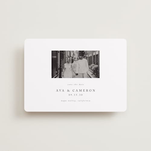 This is a onyx petite save the dates with standard by Jennifer Postorino called simple elegance printing on recycled smooth signature in petite