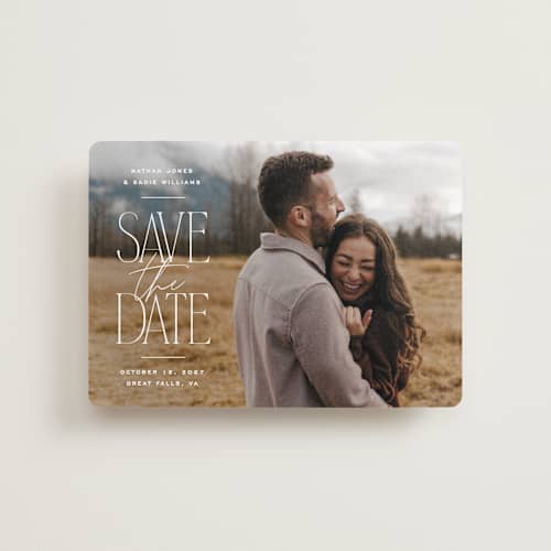 This is a cotton petite save the dates with standard by Owl and Toad called monument printing on recycled smooth signature in petite