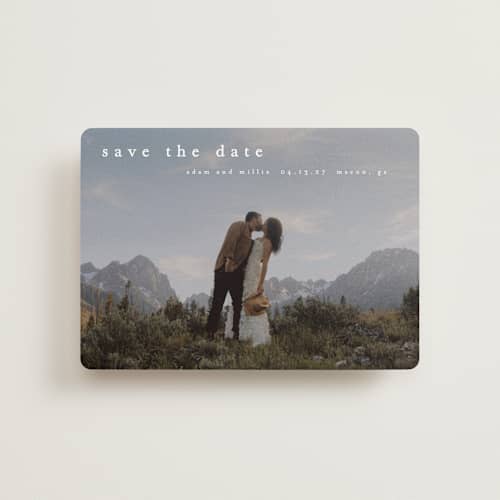 This is a cotton petite save the dates with standard by Stacey Meacham called typographic header printing on recycled smooth signature in petite