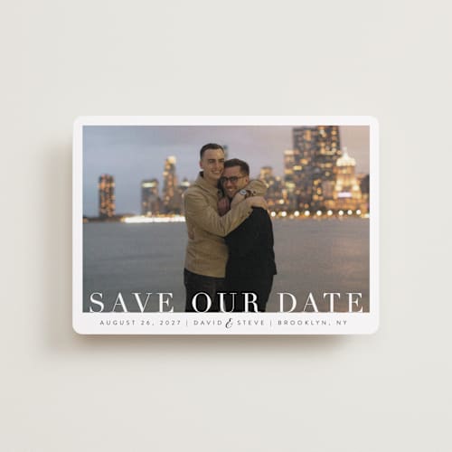 This is a clouds petite save the dates with standard by Kasia Labocki called simple elegance printing on recycled smooth signature in petite