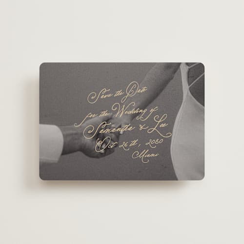 This is a wheat petite save the dates with standard by AK Graphics called twirl printing on recycled smooth signature in petite