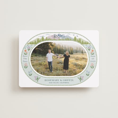 This is a pine petite save the dates with standard by Paper Sun Studio called river valley printing on recycled smooth signature in petite
