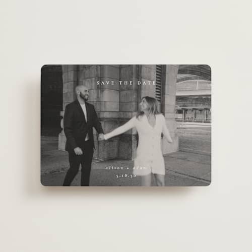 This is a cotton petite save the dates with standard by Amy Kross called veneer printing on recycled smooth signature in petite