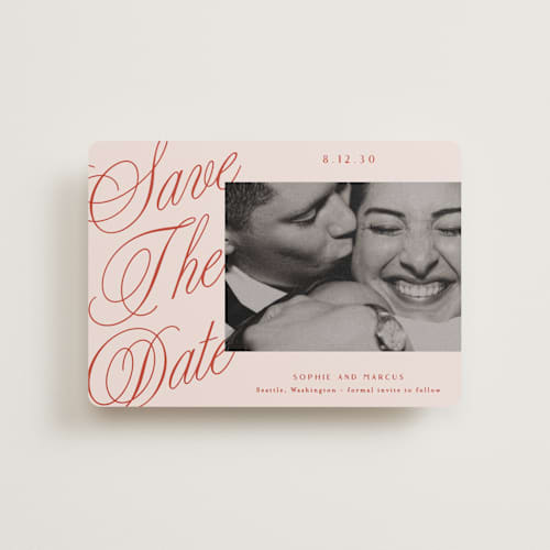 This is a cherry petite save the dates with standard by Alethea and Ruth called script overlay printing on recycled smooth signature in petite