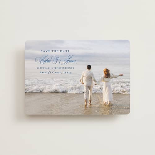 This is a blue mist petite save the dates with standard by Design Lotus called amalfi blue printing on recycled smooth signature in petite