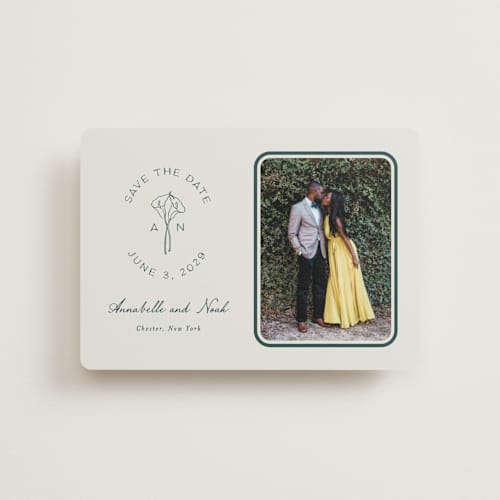 This is a sage petite save the dates with standard by Leah Bisch called pair of calla lilies printing on recycled smooth signature in petite
