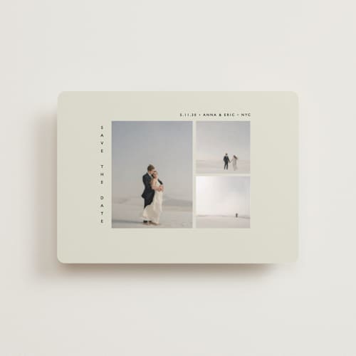 This is a vanilla petite save the dates with standard by Bryanna Mehner called minimal printing on recycled smooth signature in petite