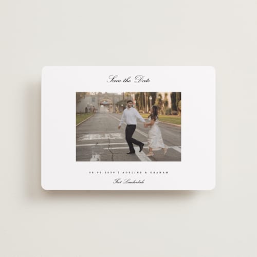 This is a snow petite save the dates with standard by Pixel and Hank called minimal printing on recycled smooth signature in petite