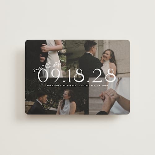 This is a opal petite save the dates with standard by Cat Caudillo called love snaps printing on recycled smooth signature in petite