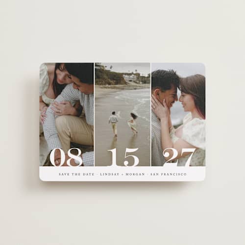This is a noir petite save the dates with standard by Kimberly FitzSimons called trio printing on recycled smooth signature in petite