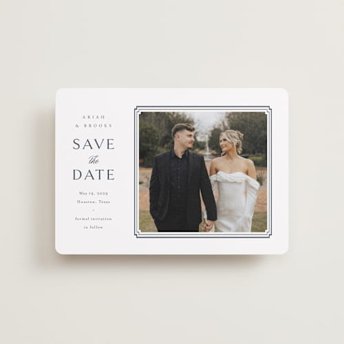 This is a french blue petite save the dates with standard by Jennifer Postorino called ariah printing on recycled smooth signature in petite