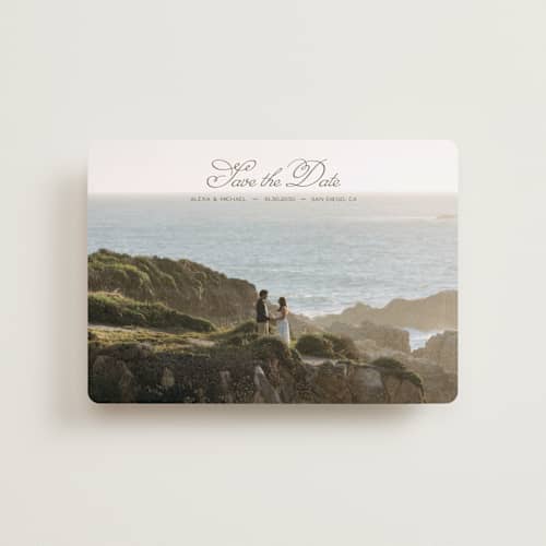 This is a moss petite save the dates with standard by Casey Miller called quiet horizon printing on recycled smooth signature in petite