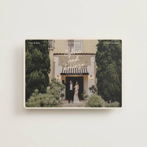 This is a cream petite save the dates with standard by Ellen Schlegelmilch called sylvia printing on recycled smooth signature in petite