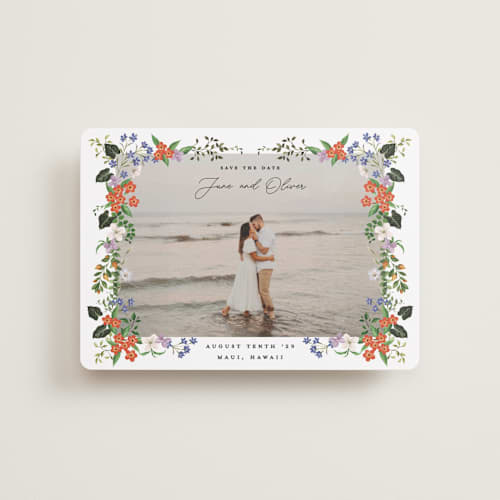 This is a lotus petite save the dates with standard by Sarah Knight called tropicana printing on recycled smooth signature in petite