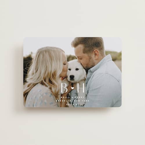 This is a quartz petite save the dates with standard by Kristie Kern called bella printing on recycled smooth signature in petite