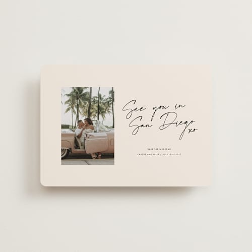 This is a mellow petite save the dates with standard by Inkblot Design called heated printing on recycled smooth signature in petite