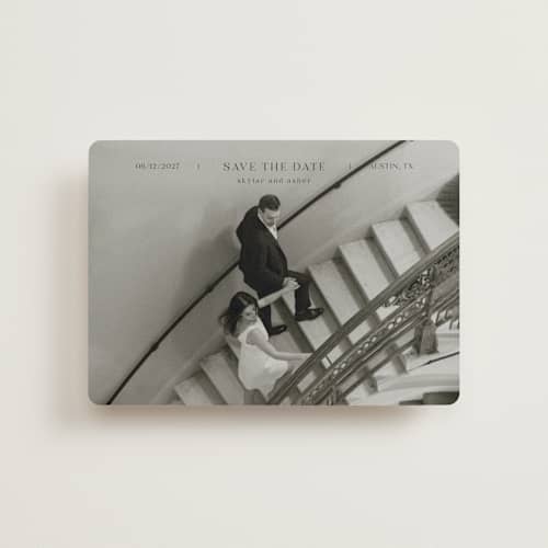 This is a noir petite save the dates with standard by Tamara Hilje called in line printing on recycled smooth signature in petite