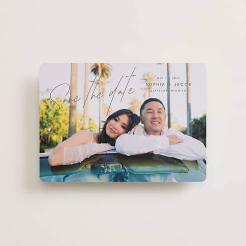 This is a olive you more petite save the dates with standard by Design Lotus called true north printing on recycled smooth signature in petite