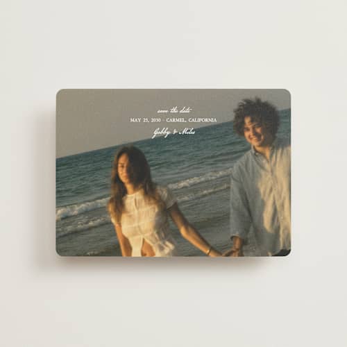 This is a snow petite save the dates with standard by Kate Ahn called alma printing on recycled smooth signature in petite