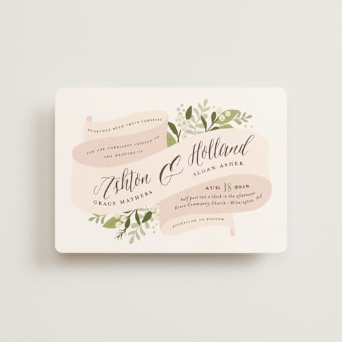 This is a blush petite wedding invitations with standard by Jennifer Wick called ribbonly printing on signature in petite