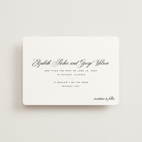 This is a pearl petite save the dates with standard by Megan Davis called cannes printing on signature in petite