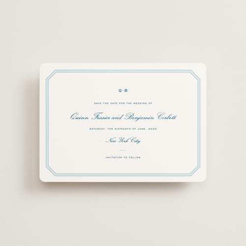This is a marine blue petite save the dates with standard by Megan Davis called brasserie printing on signature in petite