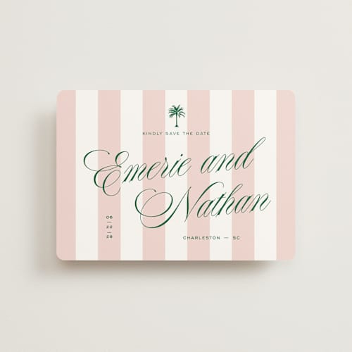 This is a taffy petite save the dates with standard by Susan Zinader called palm stripes printing on signature in petite