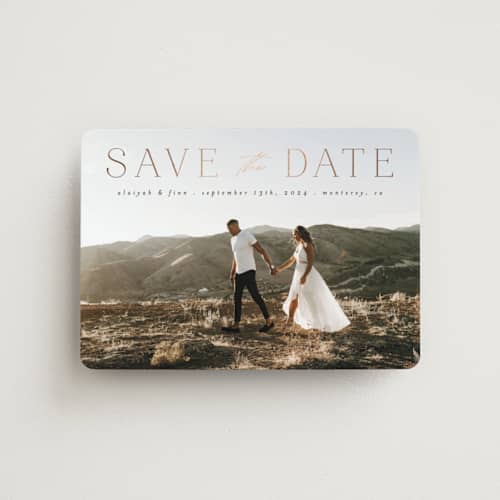 This is a charcoal save the date magnets with foil pressed by Morgan Kendall called classic lettering printing on magnet paper in magnet