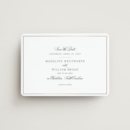 This is a black tie save the date magnets with foil pressed by Megan Davis called wentworth printing on magnet paper in magnet