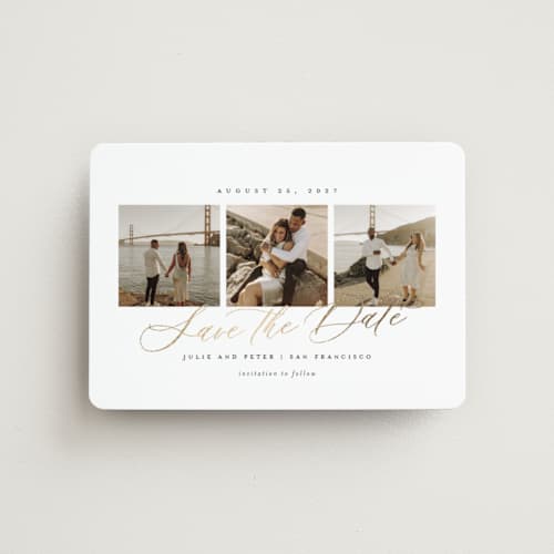 This is a pearl save the date magnets with foil pressed by Sarah Brown called topside printing on magnet paper in magnet
