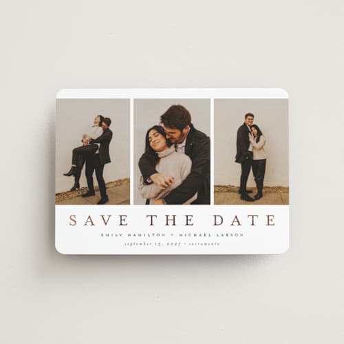 This is a lace save the date magnets with foil pressed by Nicole Walsh called elegant trio printing on magnet paper in magnet