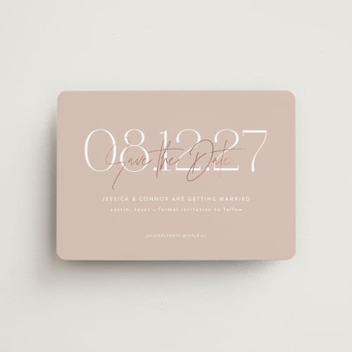 This is a blush save the date magnets with foil pressed by Jennifer Postorino called foil overlay printing on magnet paper in magnet
