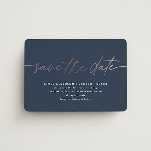 This is a navy save the date magnets with foil pressed by Susan Asbill called at last printing on magnet paper in magnet