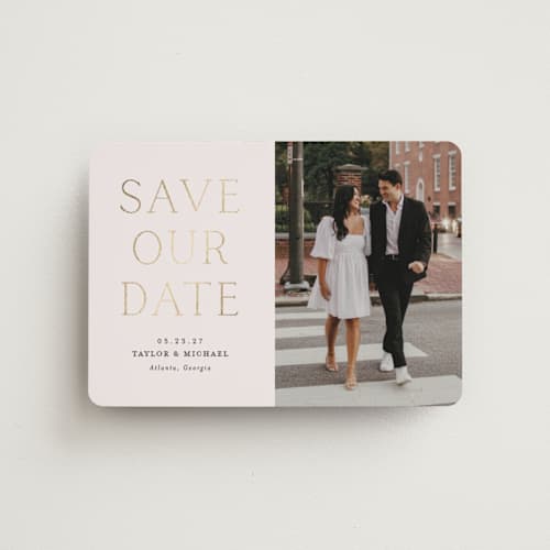 This is a natural save the date magnets with foil pressed by Vanessa Doyle called soon to wed printing on magnet paper in magnet