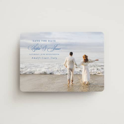 This is a blue mist save the date magnets with standard by Design Lotus called amalfi blue printing on magnet paper in magnet