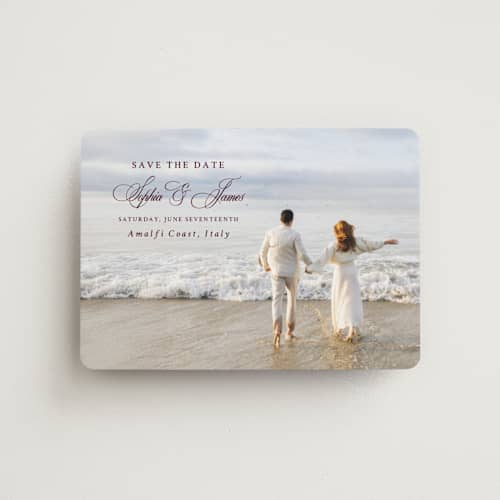 This is a maroon save the date magnets with standard by Design Lotus called amalfi blue printing on magnet paper in magnet
