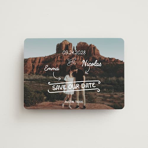 This is a morning save the date magnets with standard by Helena Vitto called love lettering printing on magnet paper in magnet