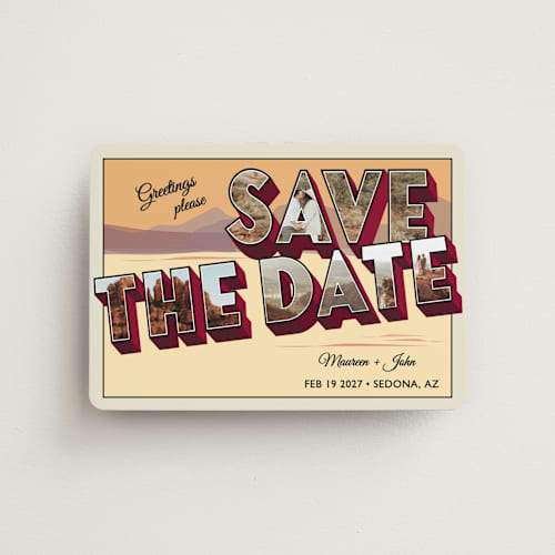This is a sunset save the date magnets with standard by Ashley Bird called a retro save the date printing on magnet paper in magnet
