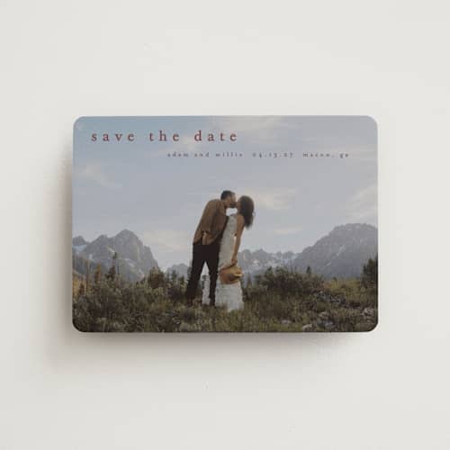 This is a mulberry save the date magnets with standard by Stacey Meacham called typographic header printing on magnet paper in magnet