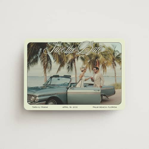 This is a palm sage save the date magnets with standard by Ani Somi called sunset ave printing on magnet paper in magnet