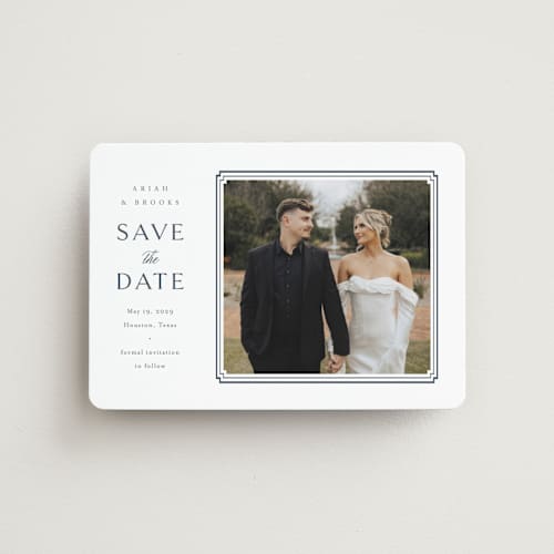 This is a french blue save the date magnets with standard by Jennifer Postorino called ariah printing on magnet paper in magnet