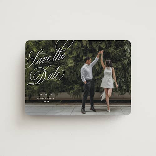 This is a pearl save the date magnets with standard by Pixel and Hank called enamored printing on magnet paper in magnet