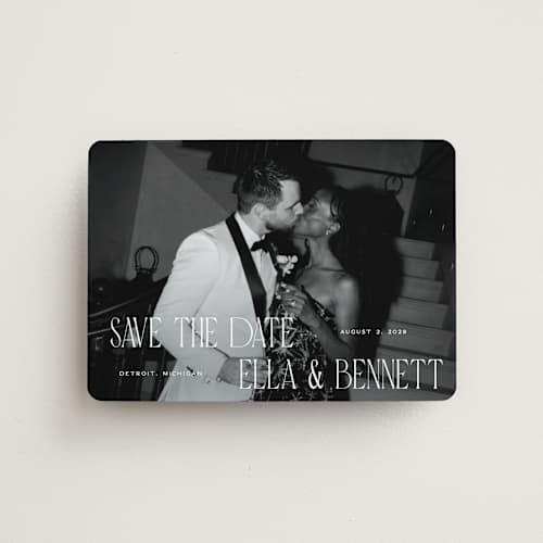 This is a snow save the date magnets with standard by Pixel and Hank called gaze printing on magnet paper in magnet