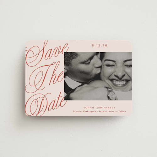 This is a cherry save the date magnets with standard by Alethea and Ruth called script overlay printing on magnet paper in magnet