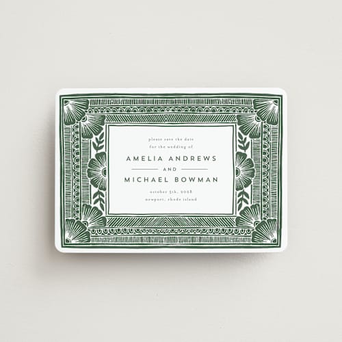 This is a fern save the date magnets with standard by Katharine Watson called block print frame printing on magnet paper in magnet