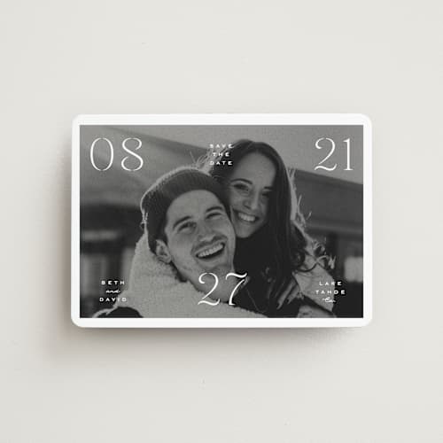 This is a classic save the date magnets with standard by Olivia Kanaley Inman called elements printing on magnet paper in magnet
